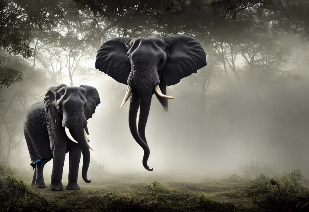 Image similar to an elephant king, his trunk is a long tentacle, in a jungle with ominous light from above, ambient light, fog, river