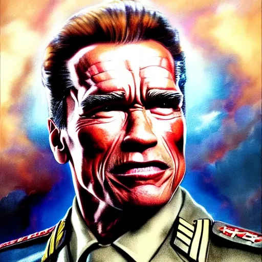 Image similar to uhd photorealistic arnold schwarzenegger in nazi uniform, by amano, ayami kojima, greg rutkowski, lisa frank, mark brooks, and karol bak, masterpiece, cinematic composition, dramatic pose, studio lighting, correct face, hyperdetailed, intricate details