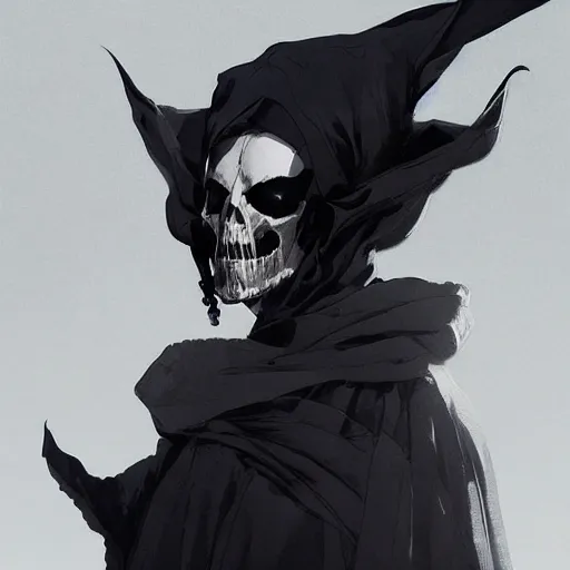 Image similar to full body portrait of a character wearing a black cloak, with a white mask in the shape of an animal skull, the mask covers her entire face, dramatic lighting, illustration by Greg rutkowski, yoji shinkawa, 4k, digital art, concept art, trending on artstation