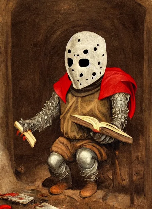 Prompt: medieval Jason Voorhees reading a book painted by hieronymus bosch, detailed digital art, trending on Artstation