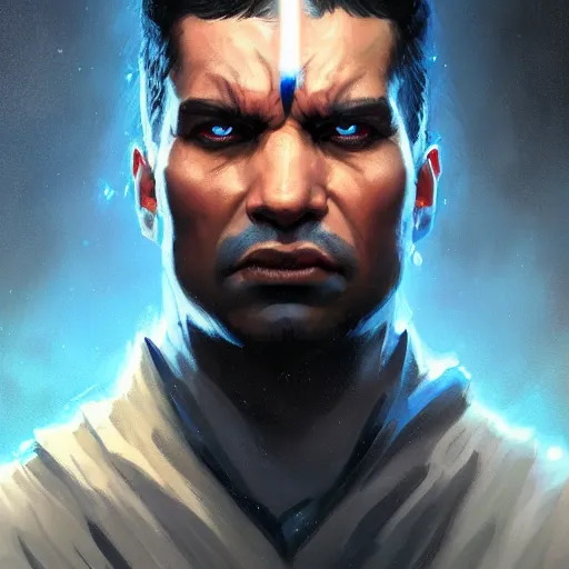 Prompt: A portrait of blue-skinned man, red eyes, black hair with widows peak, angry, dramatic lighting, star wars art, art by greg rutkowski, matte painting, trending on artstation