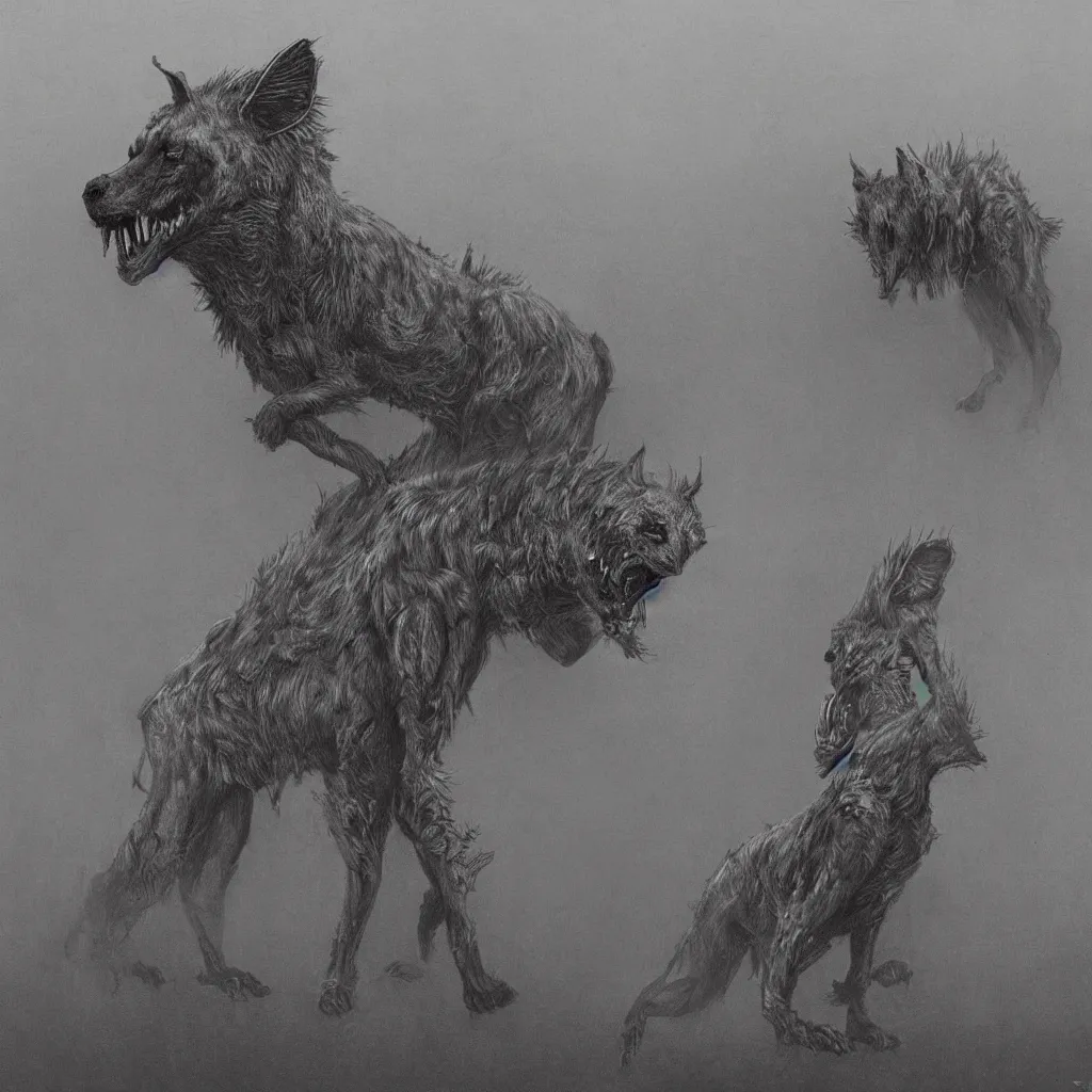 Image similar to demonic and deformed hyena, in the style of zdislaw beksinski