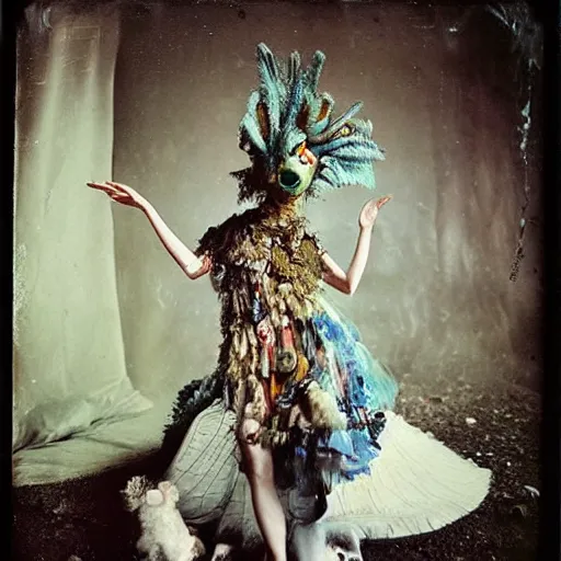 Image similar to damaged kodak portra 4 0 0, wetplate, photo of a surreal artsy dream scene,, very beautiful model, weird fashion, grotesque, extravagant dress, strange pose, carneval, with an animal, wtf, photographed by paolo roversi style