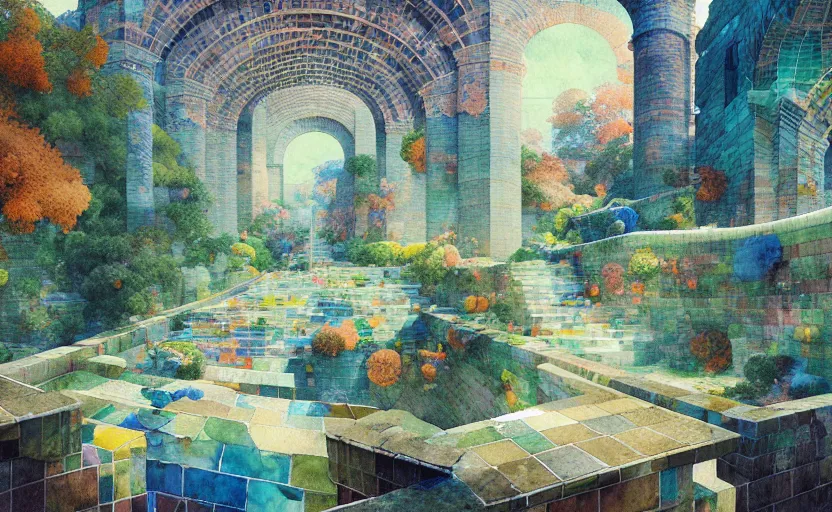 Image similar to tiled room squared waterway, aqueducts, fantasy. intricate, amazing composition, colorful watercolor, by ruan jia, by maxfield parrish, by marc simonetti, by hikari shimoda, by robert hubert, by zhang kechun, illustration, gloomy