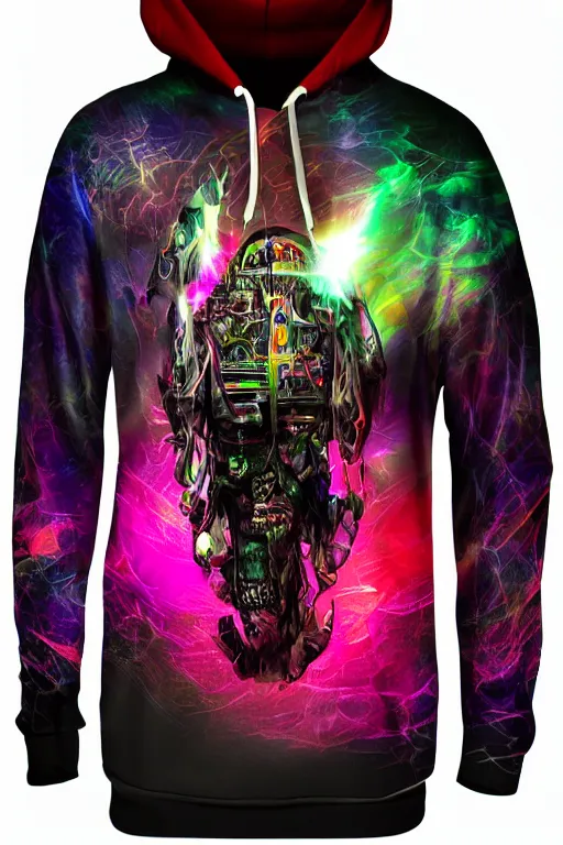 Image similar to photo of a hoodie, band merchandise, bandname is tripmachine, tourname is invasion of the tripmachines, realistic digital art, hoodie is textured with a 3 d render of a huge futuristic steampunk generator, 8 k, fluorescent colors, halluzinogenic, multicolored, exaggerated detailed, unreal engine