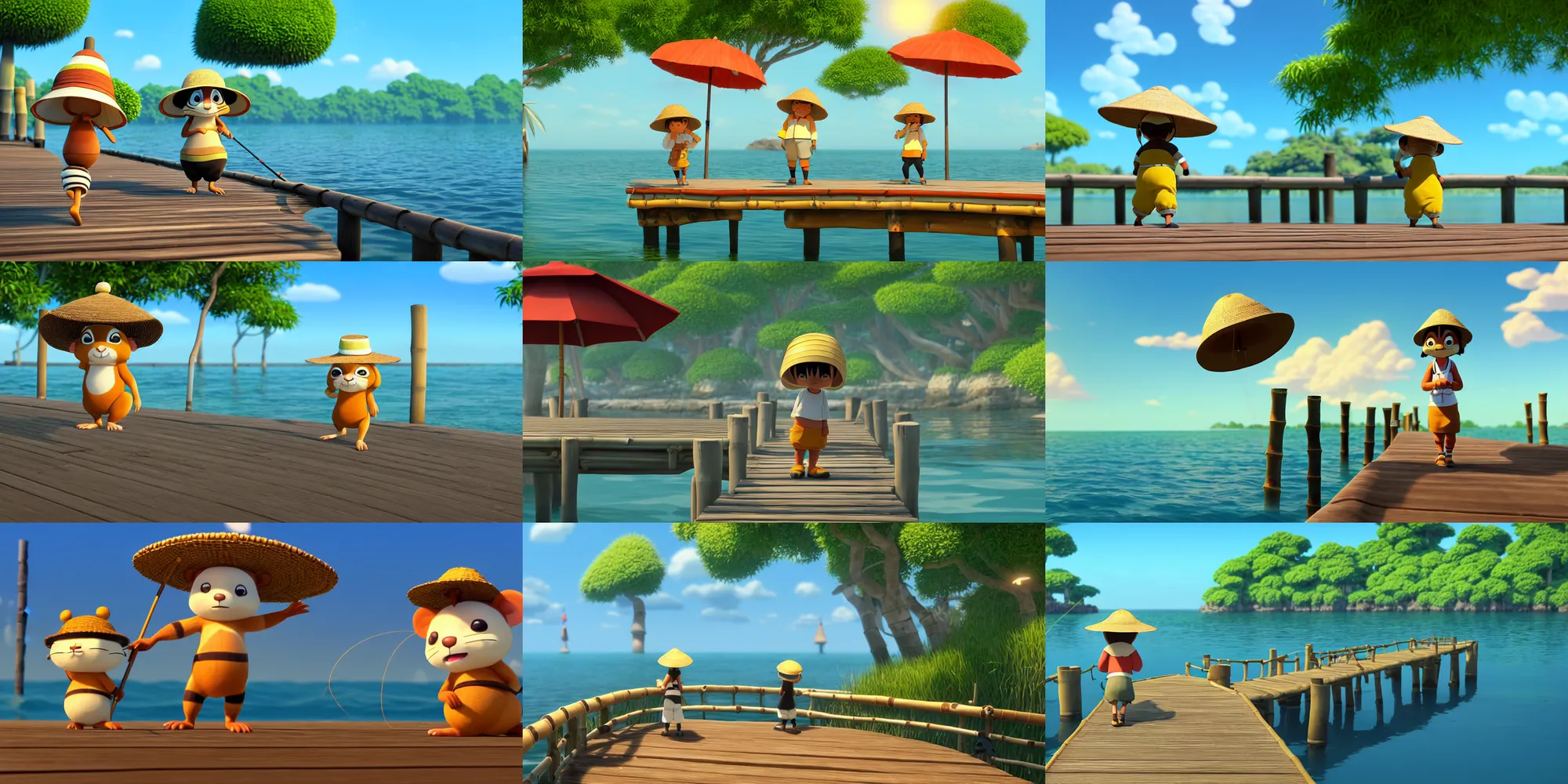 Prompt: a wholesome animation key shot of tanooki on a fishing pier wearing a bamboo hat, studio ghibli, pixar and disney animation, sharp, rendered in unreal engine 5, anime key art by tatsuyuki tanaka, bloom, dramatic lighting