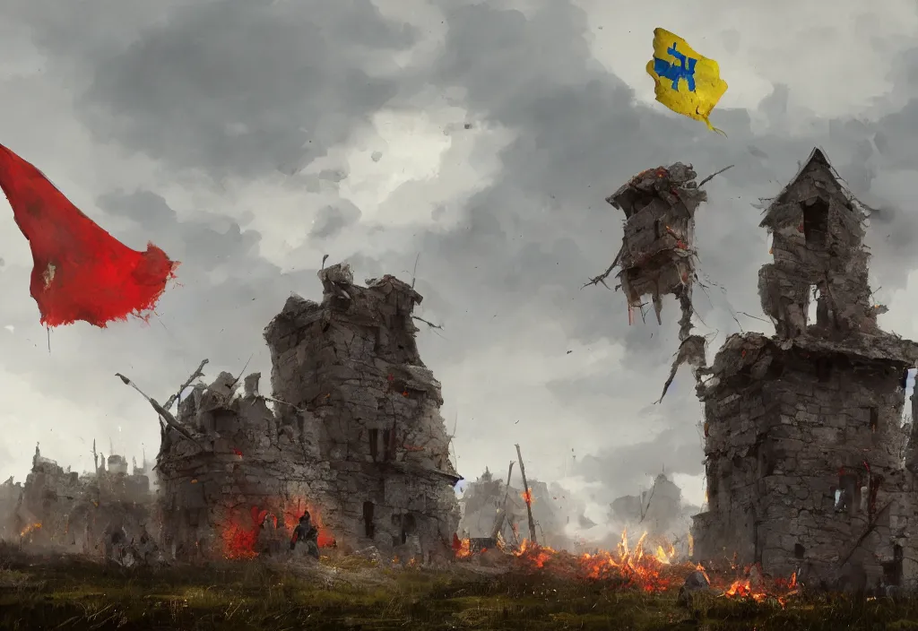 Image similar to a small ruined stronghold with a burning swedish flag hanging from a broken flag pole, artstation, jakub rozalski, high detail