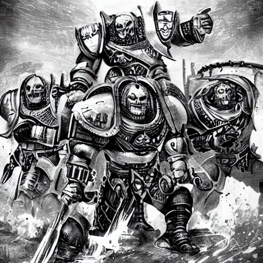 Image similar to Epic battle between Astartes and orcs in the world of Warhammer 40,000, retro futurism style