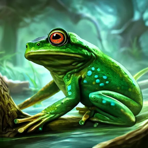 Image similar to beatiful art league of legends splash art of a frog in a swamp