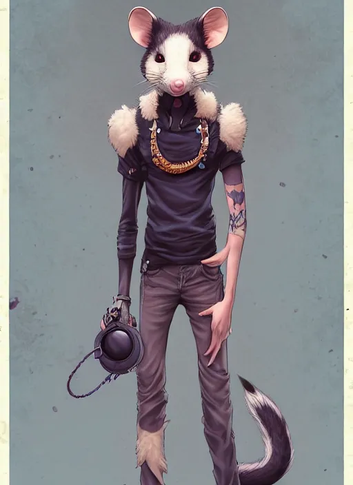 Image similar to character portrait of a male anthro opossum fursona with a tail and a cute beautiful attractive detailed furry face wearing a tanktop and slacks standing outside a city tattoo parlor with arm tattoos. Character design by charlie bowater, ross tran, artgerm, and makoto shinkai, detailed, inked, western comic book art