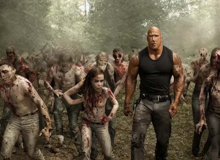 Image similar to film still of dwayne the rock johnson surrounded by zombies in the new walking dead tv series, 4 k