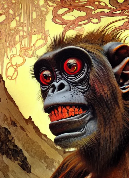 Image similar to close up portrait of a monster monkey in the scary mountains of hell, oil painting by tomasz jedruszek and alphonse mucha, cinematic lighting, pen and ink, intricate line, hd, 4 k, million of likes, trending on artstation