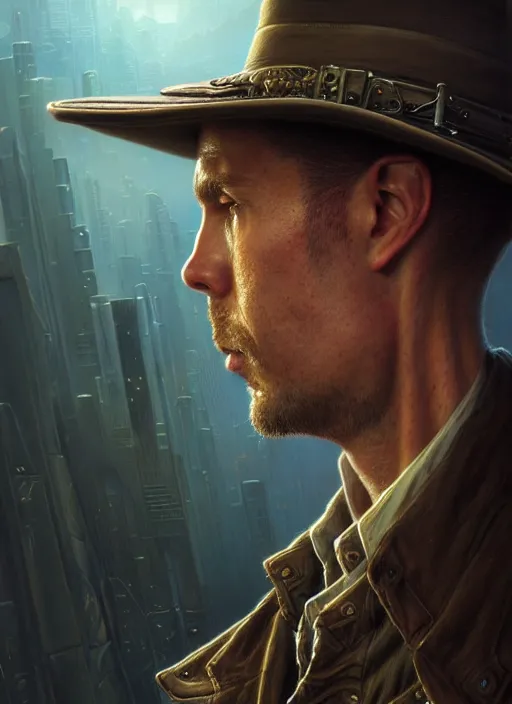 Prompt: closeup portrait shot of a male private detective in a scenic cyberpunk environment, intricate, elegant, highly detailed, centered, digital painting, artstation, concept art, smooth, sharp focus, illustration, artgerm, tomasz alen kopera, peter mohrbacher, donato giancola, joseph christian leyendecker, wlop, boris vallejo