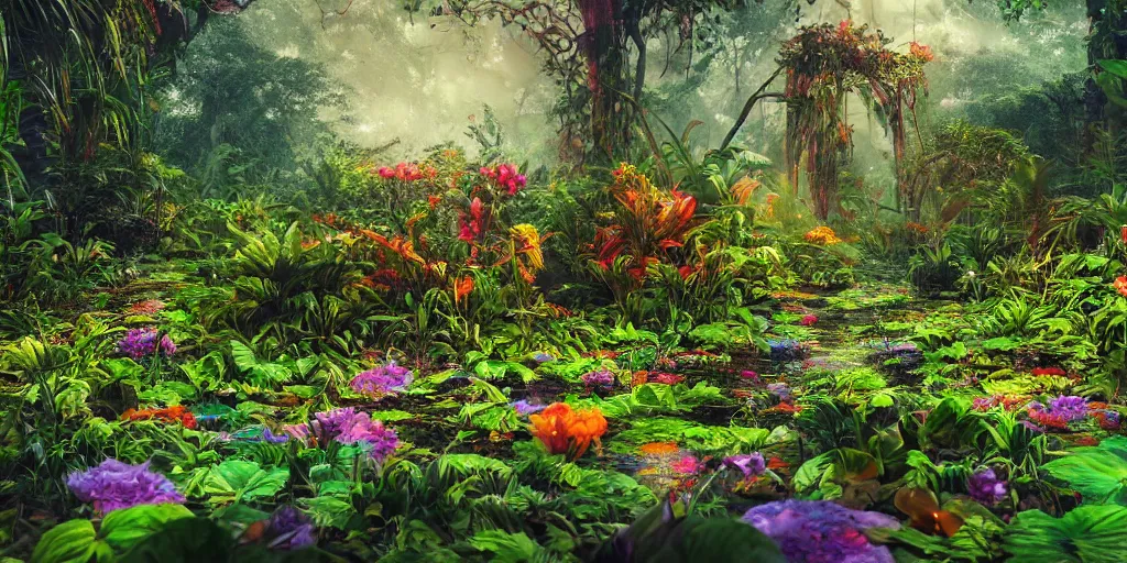 Image similar to An alien jungle, colorful flowers, pathway, reflection, rain, morning light, photorealistic, realistic, depth of field, temple ruins, high definition, soft light, high definition, detailed, 8k, artstation