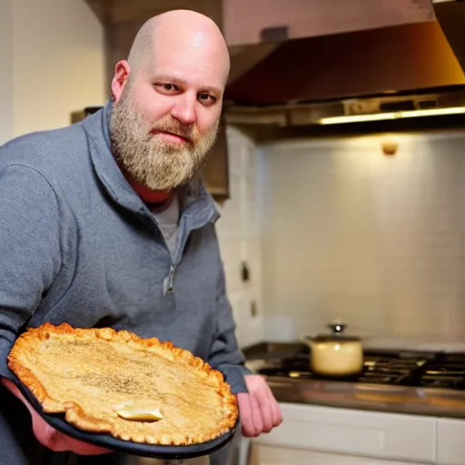 Prompt: ethan van sciver with a bald head and grey trimmed beard is sniffing a warm baked pie in his kitchen in the middle of the night h 7 0 4