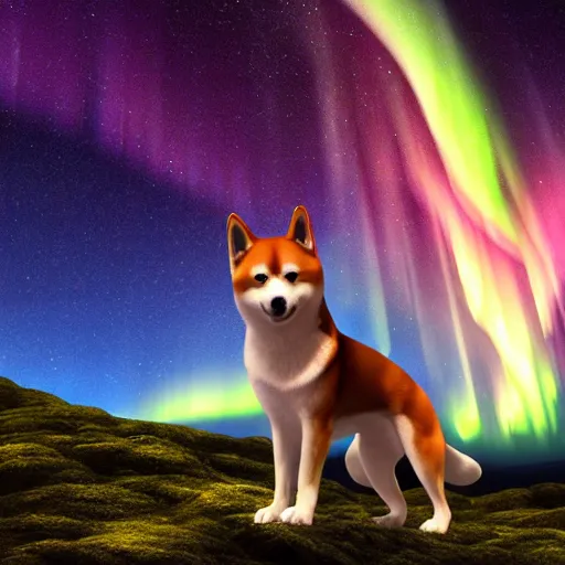 Prompt: shiba inu howling on top of a cliff. colorful northern lights in the background. digital painting, award winning, high detail, photorealistic, high quality, 4 k, cinematic lighting