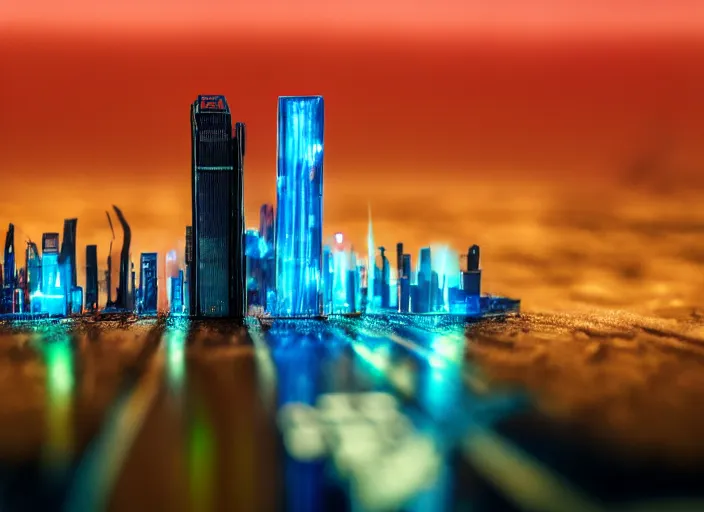 Image similar to cyberpunk city hidden inside of a bottle, in the desert, photo realism, f / 1. 9 6. 8 1 mm iso 4 0