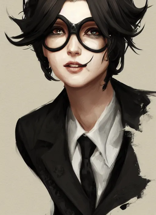 Image similar to a highly detailed illustration of beautiful short black messy haired woman wearing eyepatch and noir style suit and tie, dramatic smiling pose, intricate, elegant, highly detailed, centered, digital painting, artstation, concept art, smooth, sharp focus, league of legends concept art, WLOP