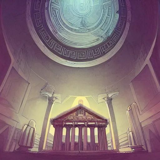 Prompt: Interior of Greek Temple the graphic style of Fiona Staples and Marvel Comics, hyper detailed, trending on artstation, glow, soft, volumetric, intricate, symmetric, Beautiful comic art