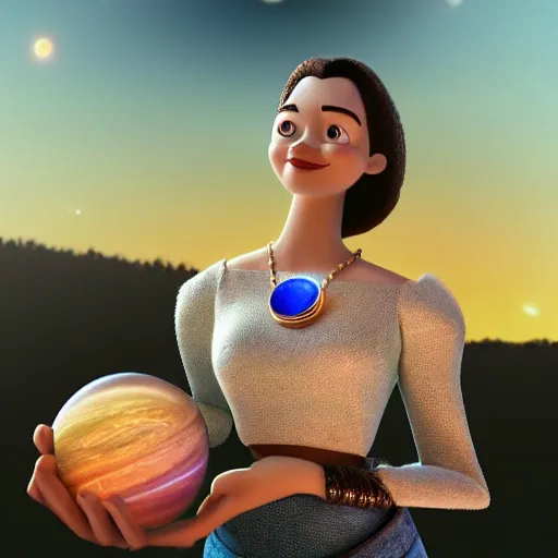 Prompt: a closeup of a woman wearing a neckless on the neck with a glowing planet Saturn as the pendant, the rings are glowing around the planet, the woman's hand reaching for the pendant, in the style of toy story Pixar movie