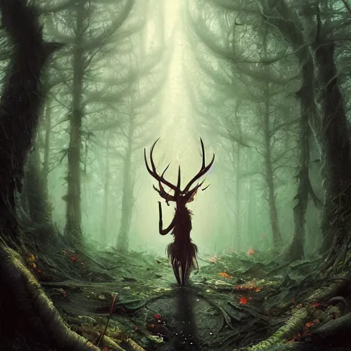 Image similar to highly detailed creepy forest creature with antlers, stephen bliss, unreal engine, fantasy art by greg rutkowski, loish, rhads, ferdinand knab, makoto shinkai and lois van baarle, ilya kuvshinov, rossdraws, tom bagshaw, global illumination, radiant light, detailed and intricate environment