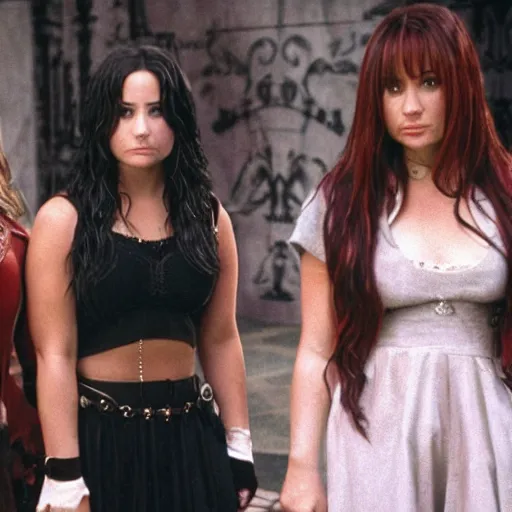 Image similar to close-up of Demi Lovato as Piper Halliwell, Selena Gomez as Phoebe Halliwell and Ariana Grande as Prue Halliwell in a Charmed movie directed by Christopher Nolan, movie still frame, promotional image, imax 35 mm footage