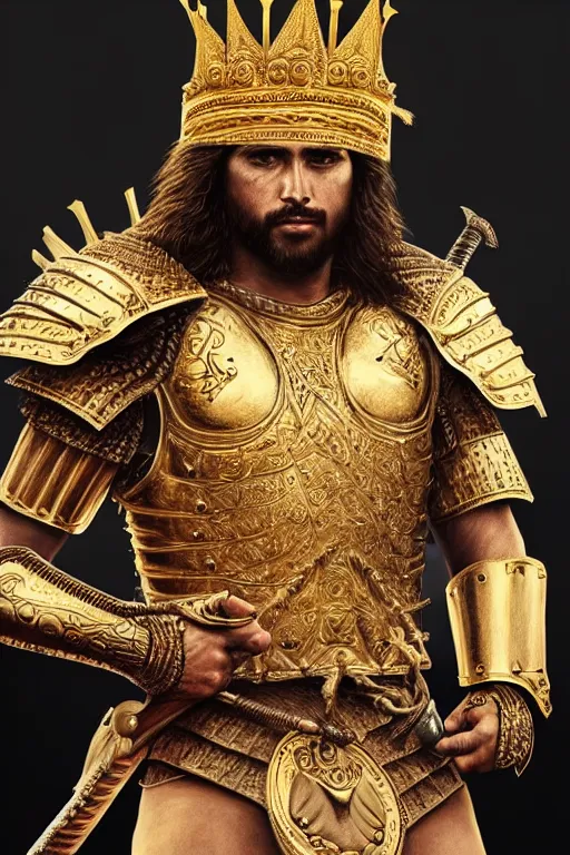 Prompt: photo-realistic Portrait of the King of the Desert, Warrior Man, standing in Sand, detailed scene, Gold Armour and Crown, Sword, handsome attractive face, beautiful face, photo realistic, highly detailed, dramatic lighting, majestic, trending on artstation, elegant, intricate, highly detailed, digital painting, concept art, by artgerm
