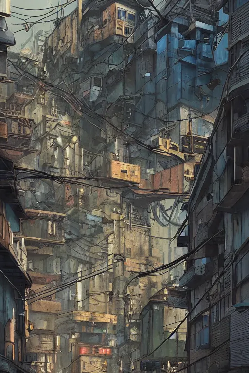 Image similar to a industrial STEAMPUNK CITY Street scenery in the FAVELAS, signs, billboards and cable Connecting MULTI LVL BUILDINGS, rendered by simon stålenhag, rendered by Beeple, Makoto Shinkai, syd meade, environment concept, digital art, starwars, Gundam Style, unreal engine, 3 point perspective, WLOP, trending on artstation, low level, 4K UHD image, octane render,