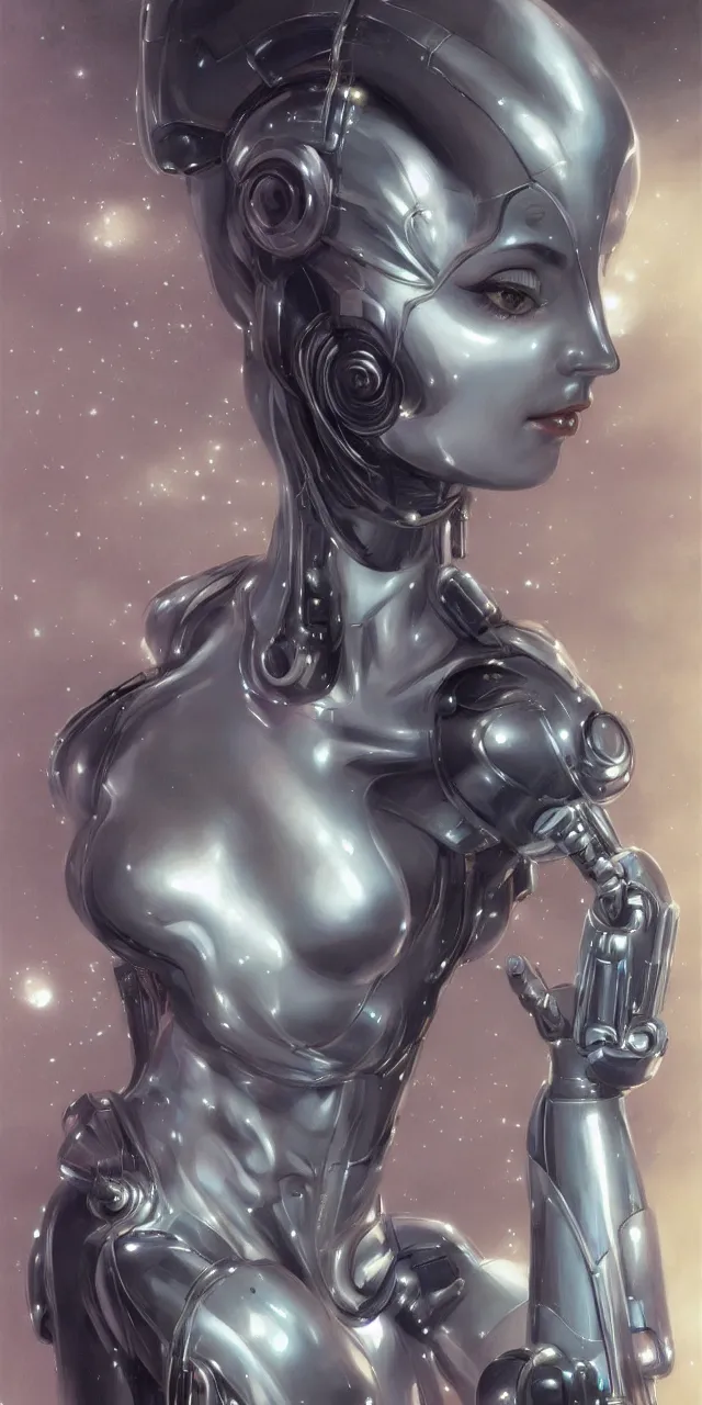 Prompt: beauty Blade Runner woman, robotic, beautiful face, silver hair, cyberpunk, trending on artstation, by Hajime Sorayama and Boris Vallejo