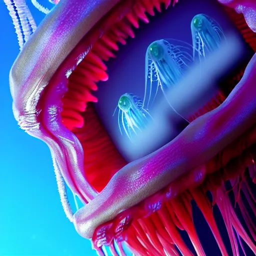 Image similar to a beautiful extreme wide photograph of a jellyfish monster with huge eyes and sharp teeth pole dancing, highly detailed, smooth, very very clean, 8 k, cinematic movie photograph, cinematic lighting, octane render, zbrush central contest winner, 3 d maya render