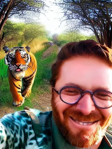 Image similar to a selfie of a man smiling in the safari with a tiger running up behind him