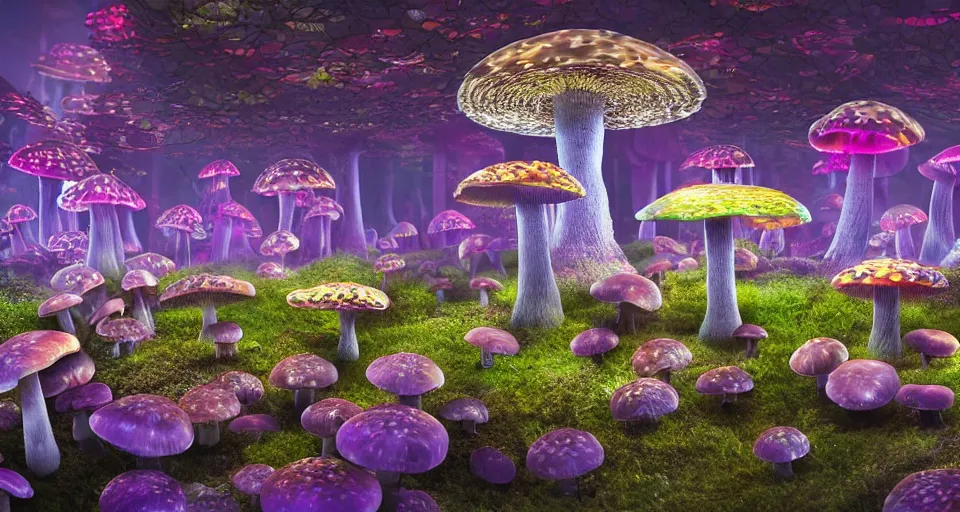 Prompt: A hyperrealistic photo of a kaleidoscopic mushroom forest, with glowing mushrooms, and pixies, 8k, ultra detailed, volumetric lighting, 70mm