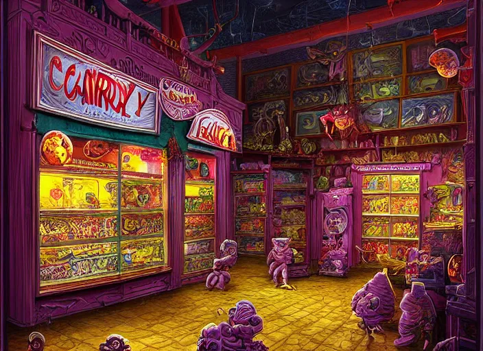 Image similar to interior of a creepy candy shop selling strange candy, dark fantasy, night, by michael whelan, digital art