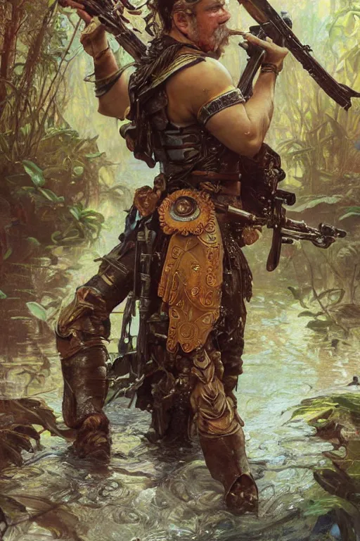 Image similar to portrait of a beautiful man wearing a warrior armor, holding a retro futuristic rifle, drenched body, wet dripping hair, emerging from the water, fantasy, regal, fractal crystal, fractal gems, by stanley artgerm lau, thomas kindkade, alphonse mucha, loish, norman rockwell