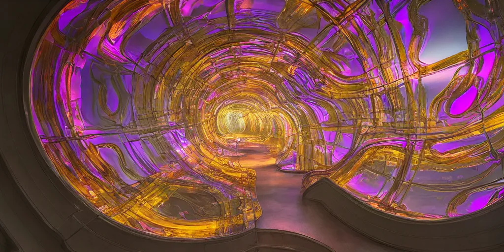 Prompt: extremely detailed awe stunning beautiful futuristic smooth curvilinear museum interior, translucent gills, hyper real, 8k, colorful, 3D cinematic volumetric light, atmospheric light