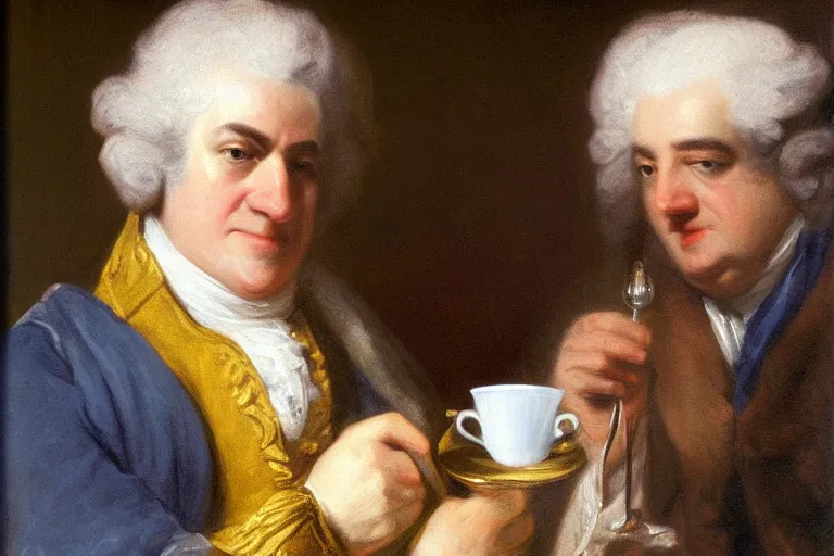 Image similar to Samuel Johnson sipping a tiny gold cup, meme, Sir Joshua Reynolds, 1775 oil painting, 8k, photorealistic brush strokes