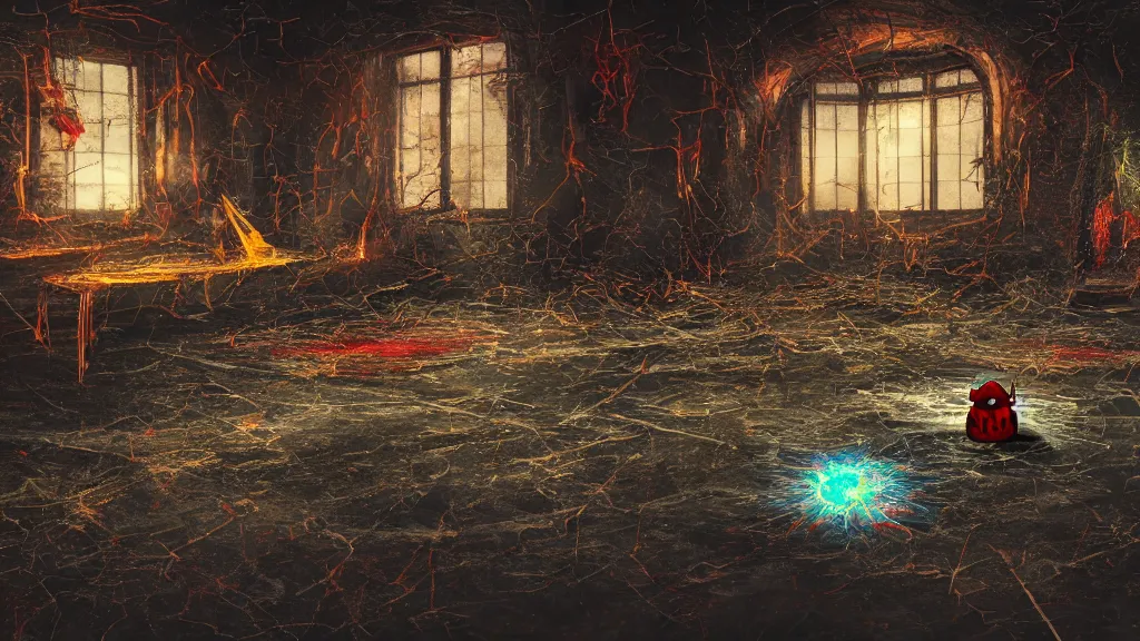 Prompt: a sigil scribbled on the ground, the sigil is shining yellow light and the red goblin is sucked into it and vanished., inside a haunted destroyed house, trending on artstation, wide view, cinematic view, cinematic, 8 k, digital photo, unreal engine, colored paint, colorful paint, scary style