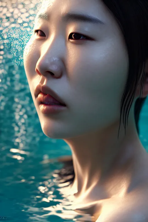 Prompt: portrait of hoyeon jung, face emerging from pool of water with high detail, 8 k, stunning detail, photo by artgerm, greg rutkowski and alphonse mucha, unreal engine 5, 4 k uhd