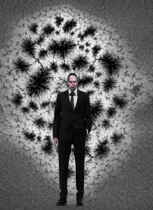 Prompt: dramatic matte portrait painting of man in suit with black mandelbrot fractal instead of face, horror, body horror, dark art, 4 k, detailed, realistic, psychotic, insane, crazy, mental illness, dramatic,