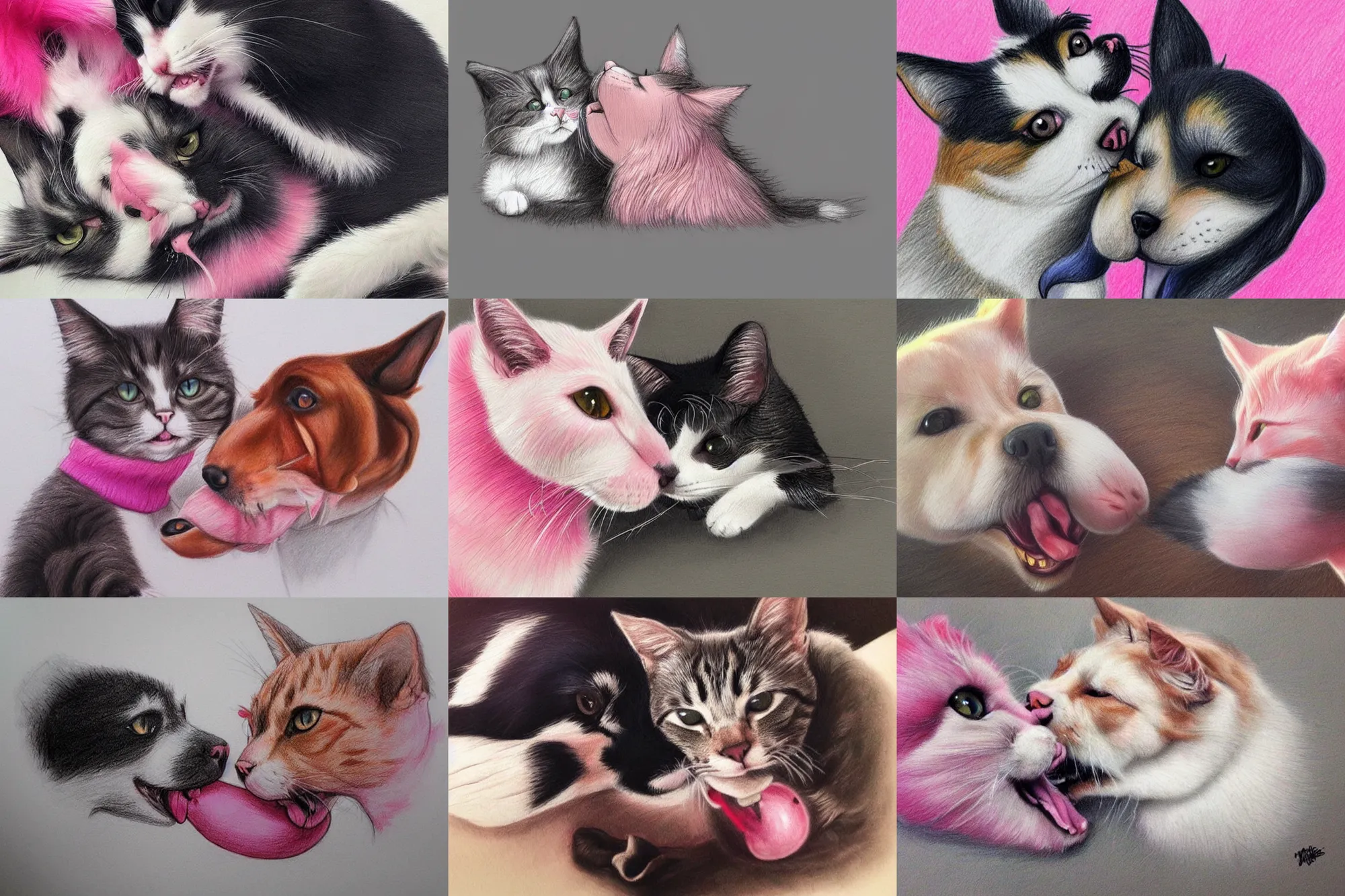 Prompt: cat and dog licking each other, cute drawing, trending on Artstation, long tongue, (pink colors), trending on Twitter, trending on Instagram, very beautiful fur, perfect animal, photorealistic