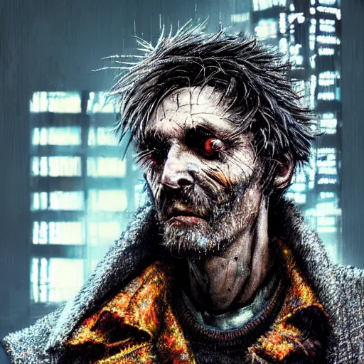 Image similar to cyberpunk, closeup portrait of a shaggy old cyberpunk fence, crooked teeth, bald, tired eyes, tattered tweed jacket, dramatic light, city background, sunset, dystopian setting, high contrast, sharp, neuromancer, the finn, painted by stanley lau, painted by greg rutkowski, painted by stanley artgerm, digital art, trending on artstation