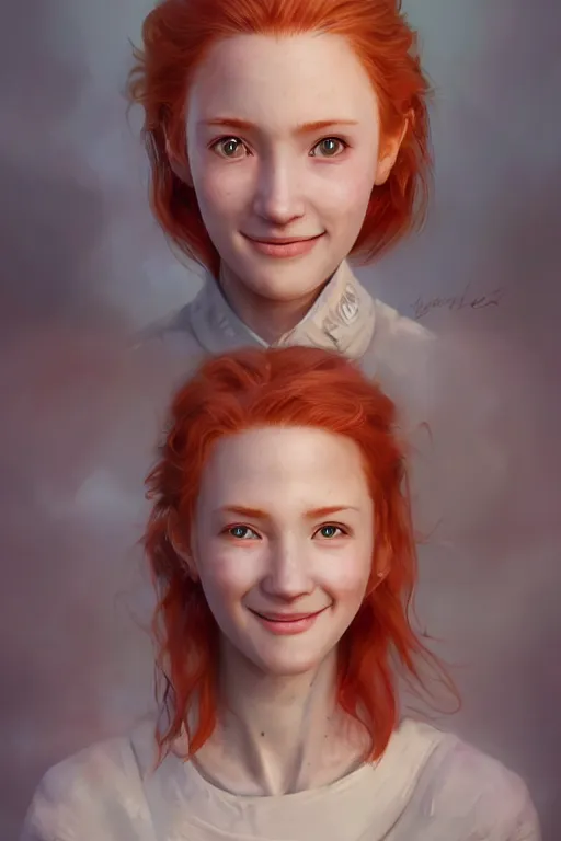 Prompt: ultra realistic style illustration of a cute red haired old teen smiling, 1 9 year old, headshot, sci - fi, fantasy, intricate, elegant, digital painting, artstation, concept art, smooth, sharp focus, illustration, 8 k frostbite 3 engine, ultra detailed, art by artgerm and greg rutkowski and magali villeneuve