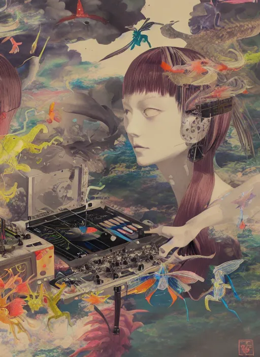 Image similar to surreal gouache painting, by yoshitaka amano, by ruan jia, by Conrad roset, by good smile company, detailed anime 3d render of a Magical flying Vinyl records , DJ Mixer, deck surrounded by Dragonflies, Vinyl records, controller, portrait, cgsociety, artstation, rococo mechanical and Digital and electronic, dieselpunk atmosphere