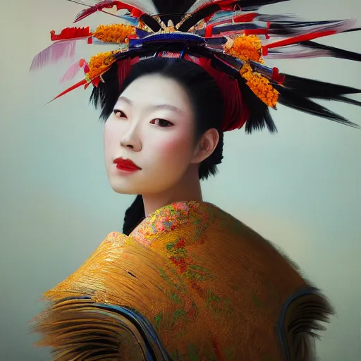 Prompt: beautiful japanese oil panting of a lady in headdress, colorful brush strokes, rendered by octane, depth of field, ultra detailed, rococo, zen concept, powerful composition, trending on artstation, 8k