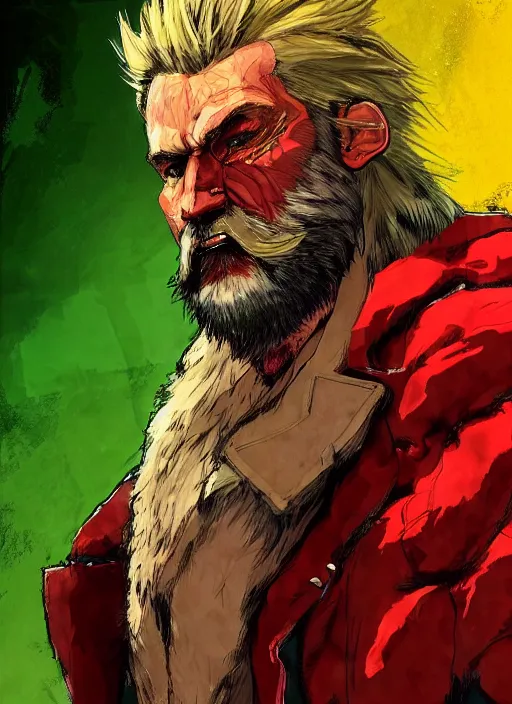 Prompt: Full body portrait of an old muscular man with blonde hair and beard wearing bear skin and red, green and gold jacket. In style of Yoji Shinkawa and Hyung-tae Kim, trending on ArtStation, dark fantasy, great composition, concept art, highly detailed.