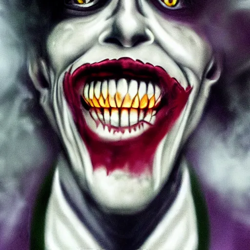 Image similar to joker, smiling, unnatural grin, horror, creepy, smoke, black, dark, glow