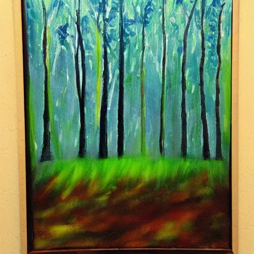 Prompt: a painting of forest made by impression of paint moving over the glass