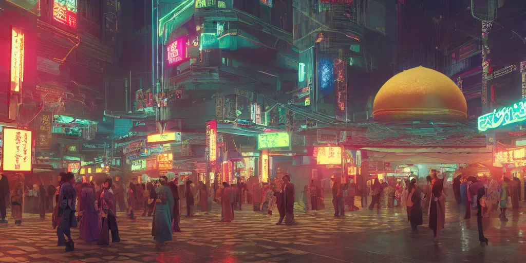 Prompt: Photorealistic cyberpunk mosque in crowded Tokyo night, with great domes and arches, cyan and pink neon lights, people and androids wearing traditional japanese clothing. Hyperdetailed photorealism, UHD, amazing depth, glowing rich colors, golden ration, 3D octane cycle unreal engine 5, 3d shading, cinematic lighting, artstation concept art