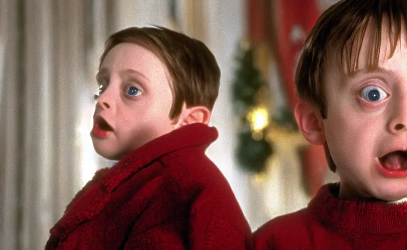 Image similar to Kieran Culkin as Kevin McCallister in 'Home Alone 2' (1992), movie still frame, oscar nominated cinematography, volumetric lighting, 8k resolution, beautiful composition