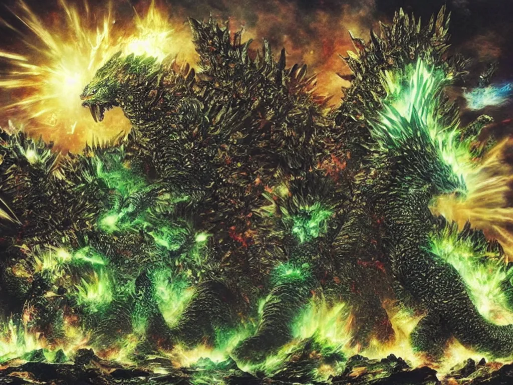 Prompt: Heisei era Godzilla fighting Biollante
